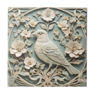 Art Nouveau Faux Relief Bird Flower Blossoms Mint Tile