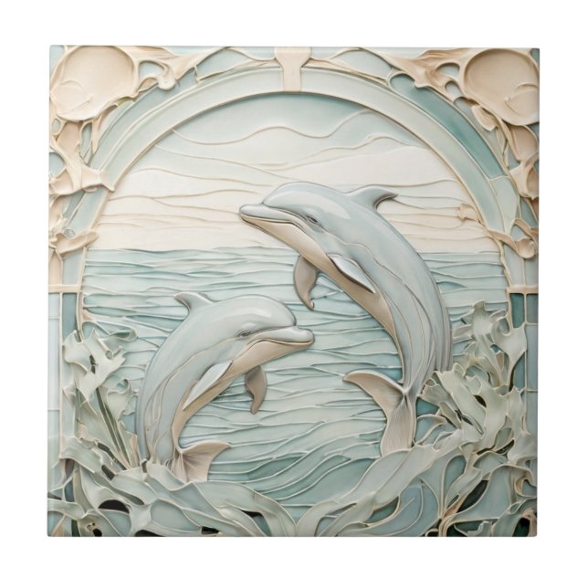 Art Nouveau Faux Relief Dolphins Mint Blue & White Tile (Front)