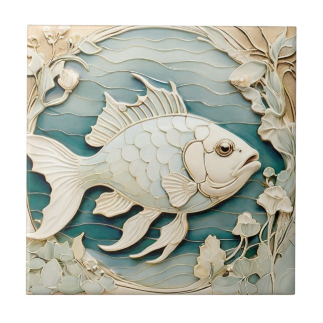 Art Nouveau Faux Relief Fish Sea Nautical Right Tile (Front)