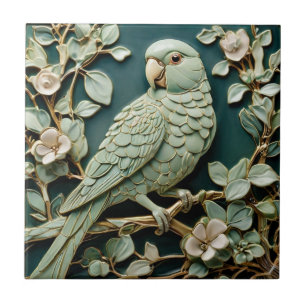 Art Nouveau Faux Relief L Parakeet Bird Teal Green Tile