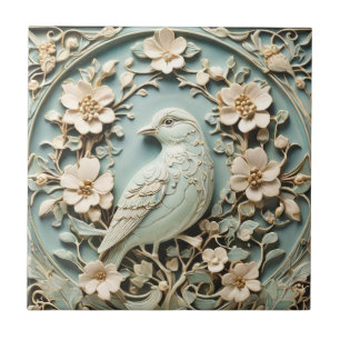 Art Nouveau Faux Relief Left Bird Floral Mint Tile