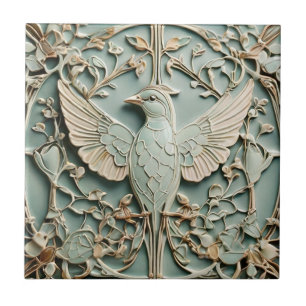 Art Nouveau Faux Relief Left Bird Pastel Mint Tile