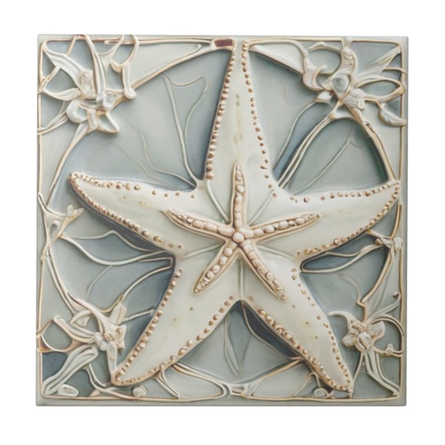 Art Nouveau Faux Relief Mint Starfish Sea Star Tile (Front)