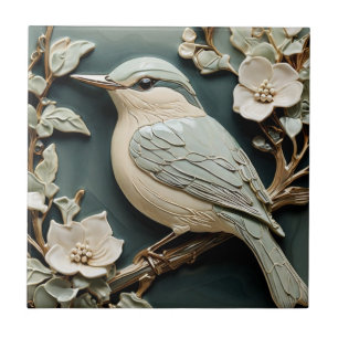 Art Nouveau Faux Relief Nuthatch Bird L Turquoise Tile
