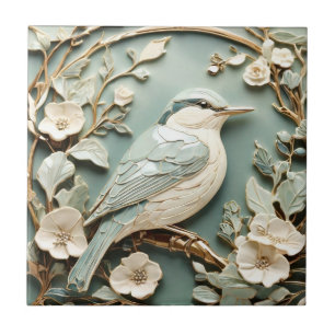 Art Nouveau Faux Relief Nuthatch Bird Right facing Tile