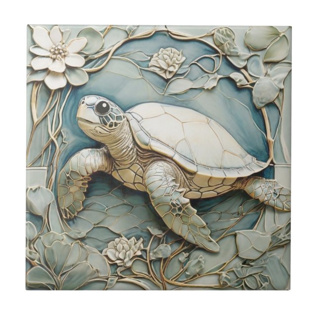 Art Nouveau Faux Relief Ocean Sea Turtle Left Tile (Front)