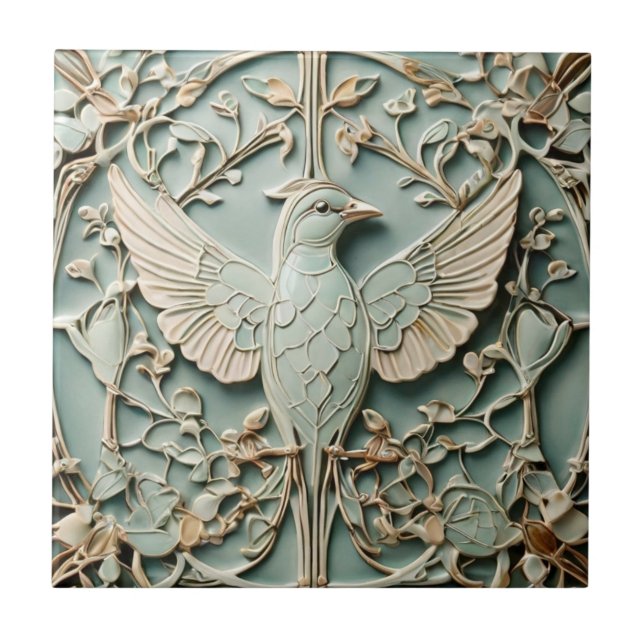 Art Nouveau Faux Relief Right Bird Pastel Mint Tile (Front)