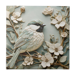Art Nouveau Faux Relief Right Chickadee Bird Mint Tile
