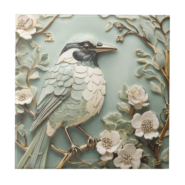 Art Nouveau Faux Relief Right Magpie Bird Mint Tile (Front)