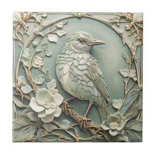 Art Nouveau Faux Relief Right Starling Bird Sage Tile