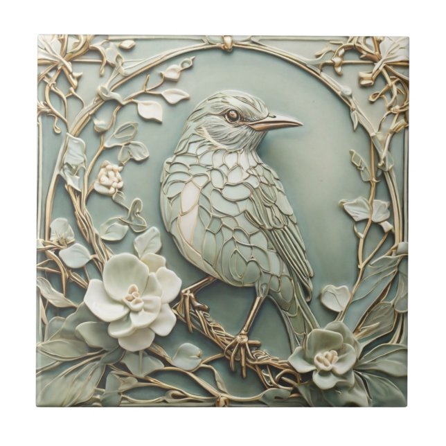 Art Nouveau Faux Relief Right Starling Bird Sage Tile (Front)