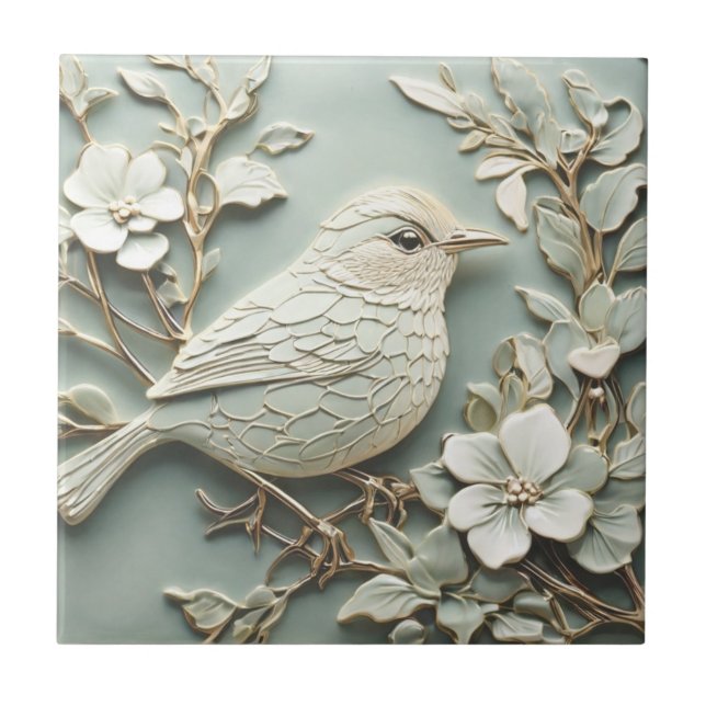 Art Nouveau Faux Relief Right Wren Bird Mint Tile (Front)
