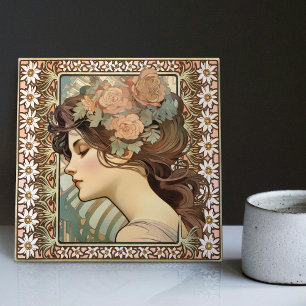 Art Nouveau Female Portrait Mucha Edelweiss Flower Tile
