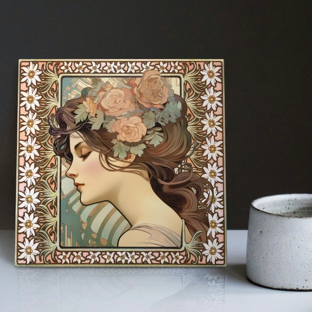 Art Nouveau Female Portrait Mucha Edelweiss Flower Tile (Creator Uploaded)