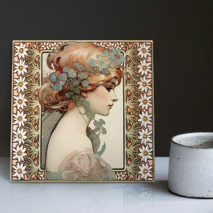 Art Nouveau Female Portrait Mucha Edelweiss Flower Tile
