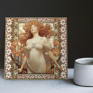 Art Nouveau Female Portrait Mucha Edelweiss Flower Tile