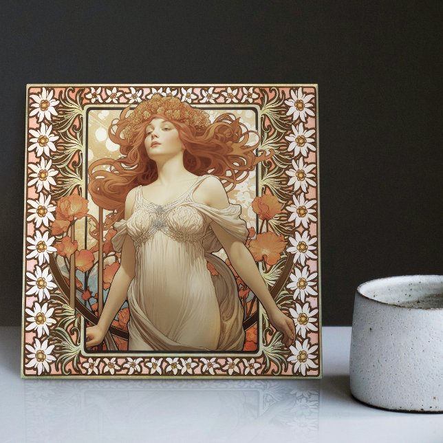 Art Nouveau Female Portrait Mucha Edelweiss Flower Tile (Creator Uploaded)
