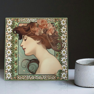 Art Nouveau Female Portrait Mucha Edelweiss Flower Tile