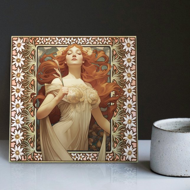 Art Nouveau Female Portrait Mucha Edelweiss Flower Tile (Creator Uploaded)