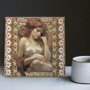 Art Nouveau Female Portrait Mucha Edelweiss Flower Tile
