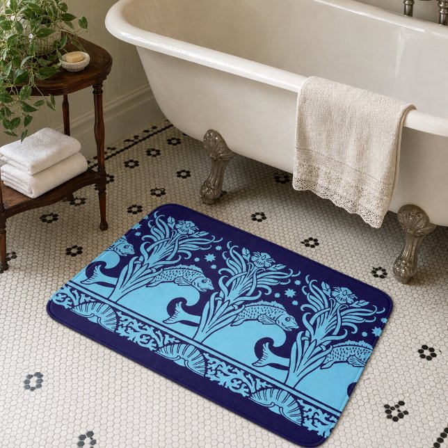 Art Nouveau Fish & Flowers Stencil Frieze Pattern Bath Mat (Creator Uploaded)