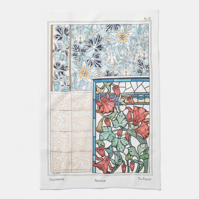 Art nouveau floral and tile art verneuil red blue tea towel (Vertical)