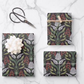 Art Nouveau Floral Black Red Green Grey Wrapping Paper Sheet