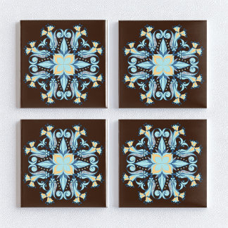 Art Nouveau Floral Ceramic Tile in Chocolate Brown