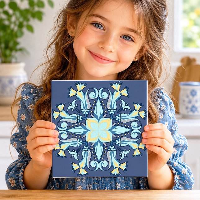 Art Nouveau Floral Ceramic Tile in Midnight Blue (Creator Uploaded)