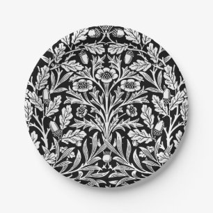 Art Nouveau Floral Damask, Black and White Paper Plate