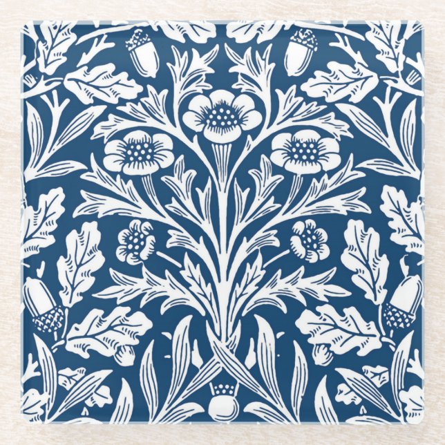 Art Nouveau Floral Damask, Cobalt Blue and White Glass Coaster (Front)