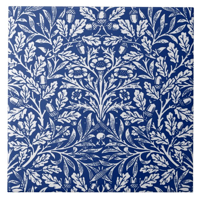 Art Nouveau Floral Damask, Cobalt Blue and White  Tile (Front)