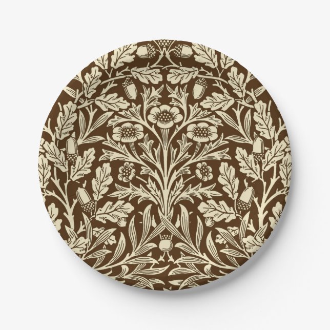 Art Nouveau Floral Damask, Dark Brown and Beige Paper Plate (Front)