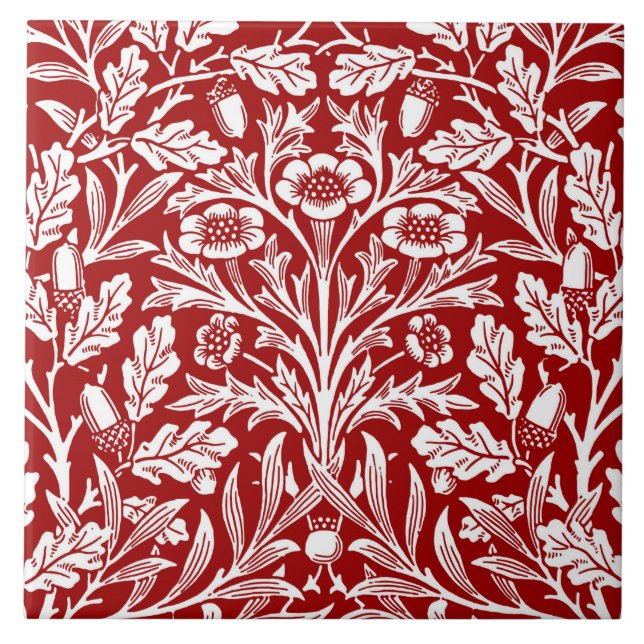 Art Nouveau Floral Damask, Dark Red and White Tile (Front)
