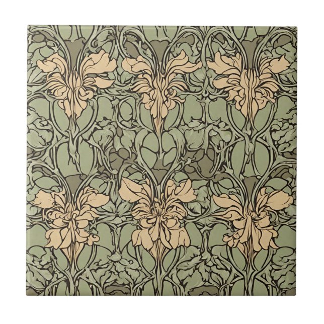 Art Nouveau Floral Damask Green, Beige Abstract  Tile (Front)