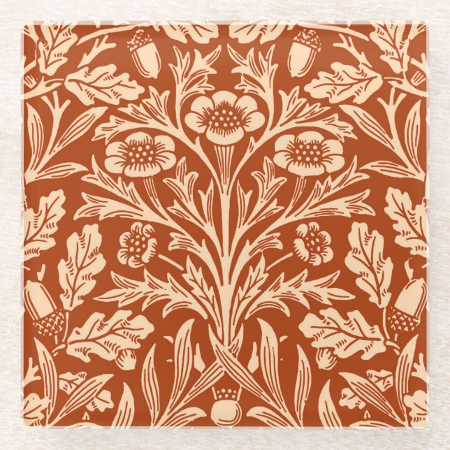 Art Nouveau Floral Damask, Mandarin Orange Glass Coaster (Front)