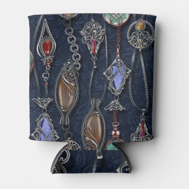Art Nouveau Floral: Denim Elegance. Can Cooler (Front)