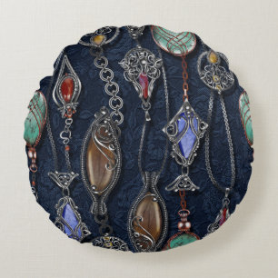 Art Nouveau Floral: Denim Elegance. Round Cushion