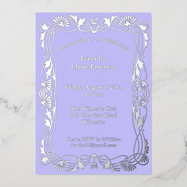 Art nouveau floral frame foil invitation (Front)