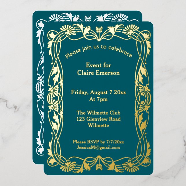 Art nouveau floral frame foil invitation (Front/Back)