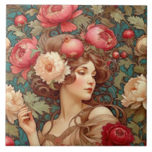 Art Nouveau Floral Fruit Woman Ceramic Tile