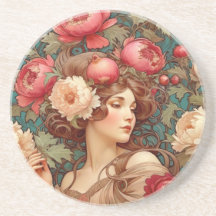 Art Nouveau Floral Fruit Woman Coaster
