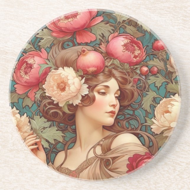 Art Nouveau Floral Fruit Woman Coaster (Front)