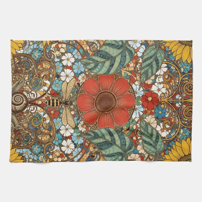 Art Nouveau Floral Garden – Sunflowers, Bee Tea Towel (Horizontal)