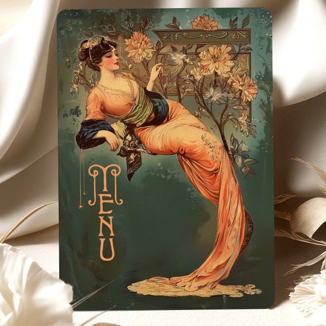 Art Nouveau Floral Goddess Menu Card Teal Peach (Creator Uploaded)