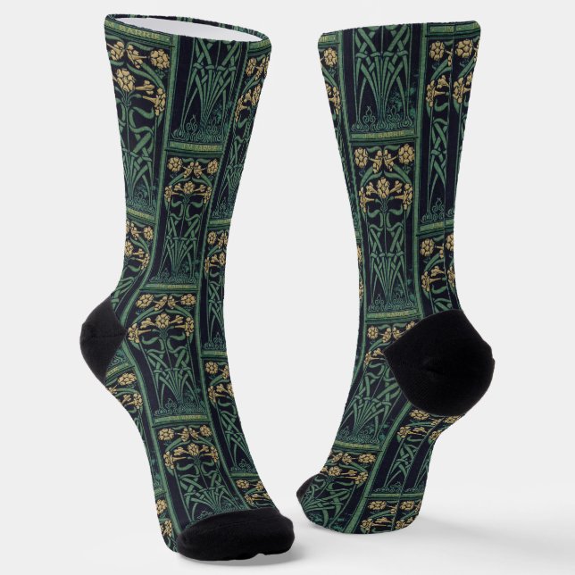 Art Nouveau Floral Gold & Green Socks (Angled)