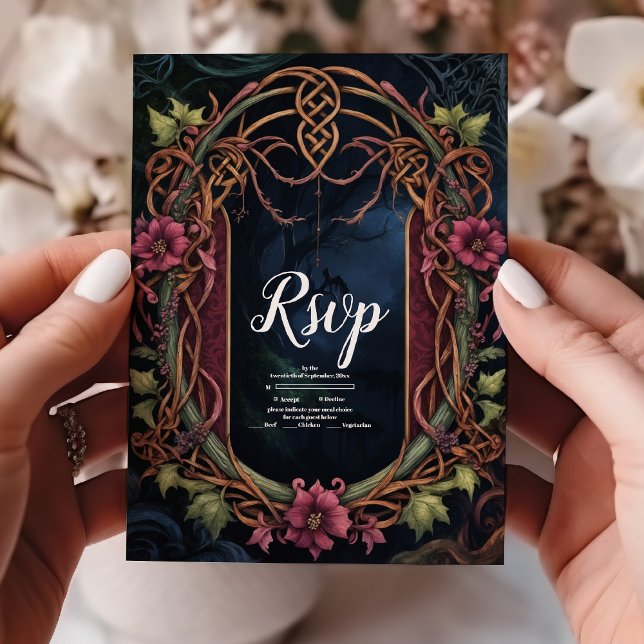 Art Nouveau Floral Gothic Halloween Wedding RSVP Card (Creator Uploaded)