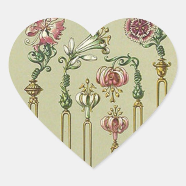 Art nouveau floral hairpin Victorian jewel seder Heart Sticker (Front)
