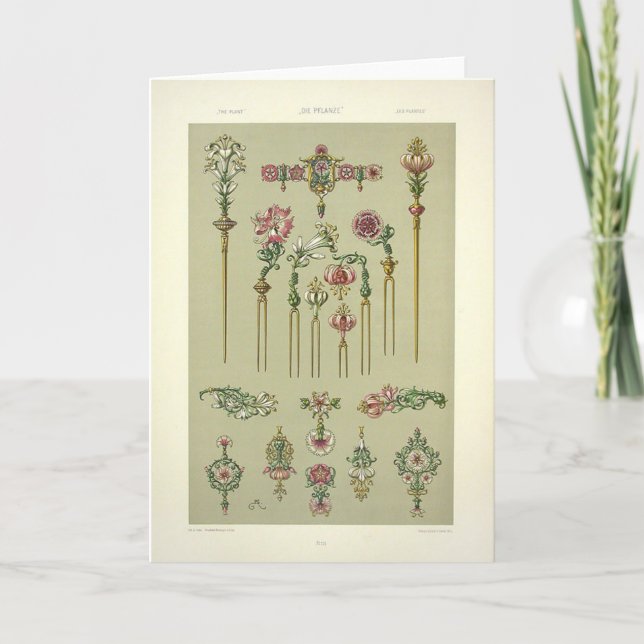 Art nouveau floral hairpins Victorian gemstones Card (Front)