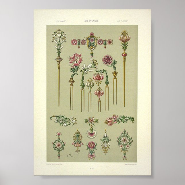 Art nouveau floral hairpins Victorian gemstones Poster (Front)